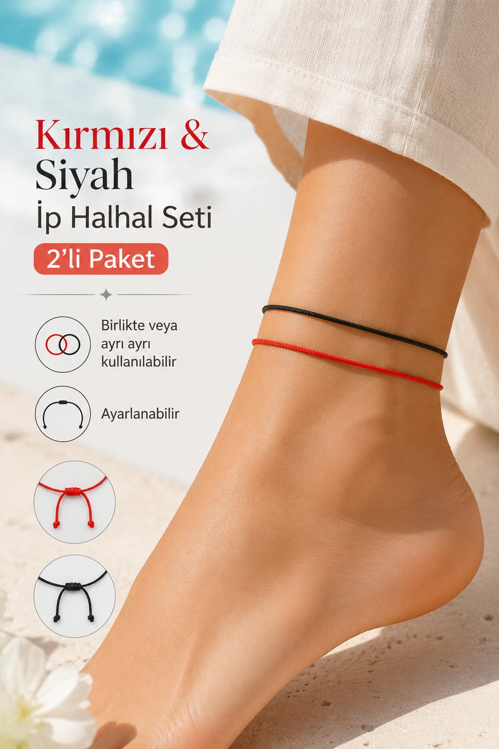 Kırmızı Siyah İp Halhal Seti 2'li Paket Ayarlanabilir Makrome Halhal