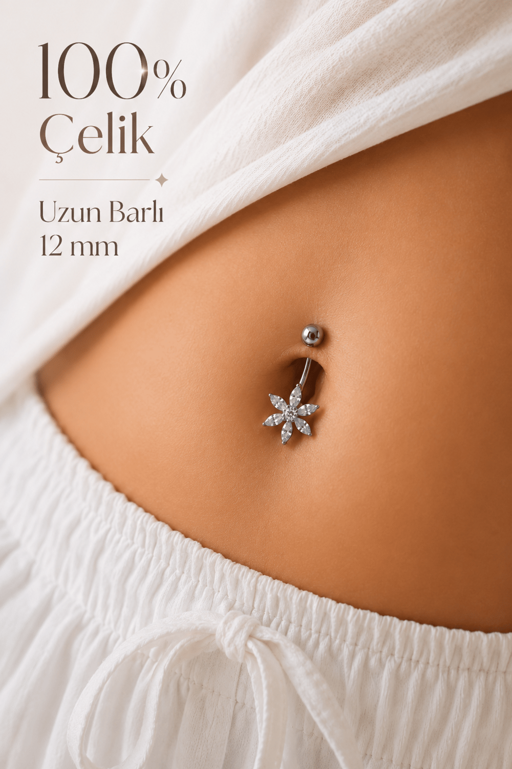 Lotus Çiçek Çelik Göbek Piercing Uzun Bar