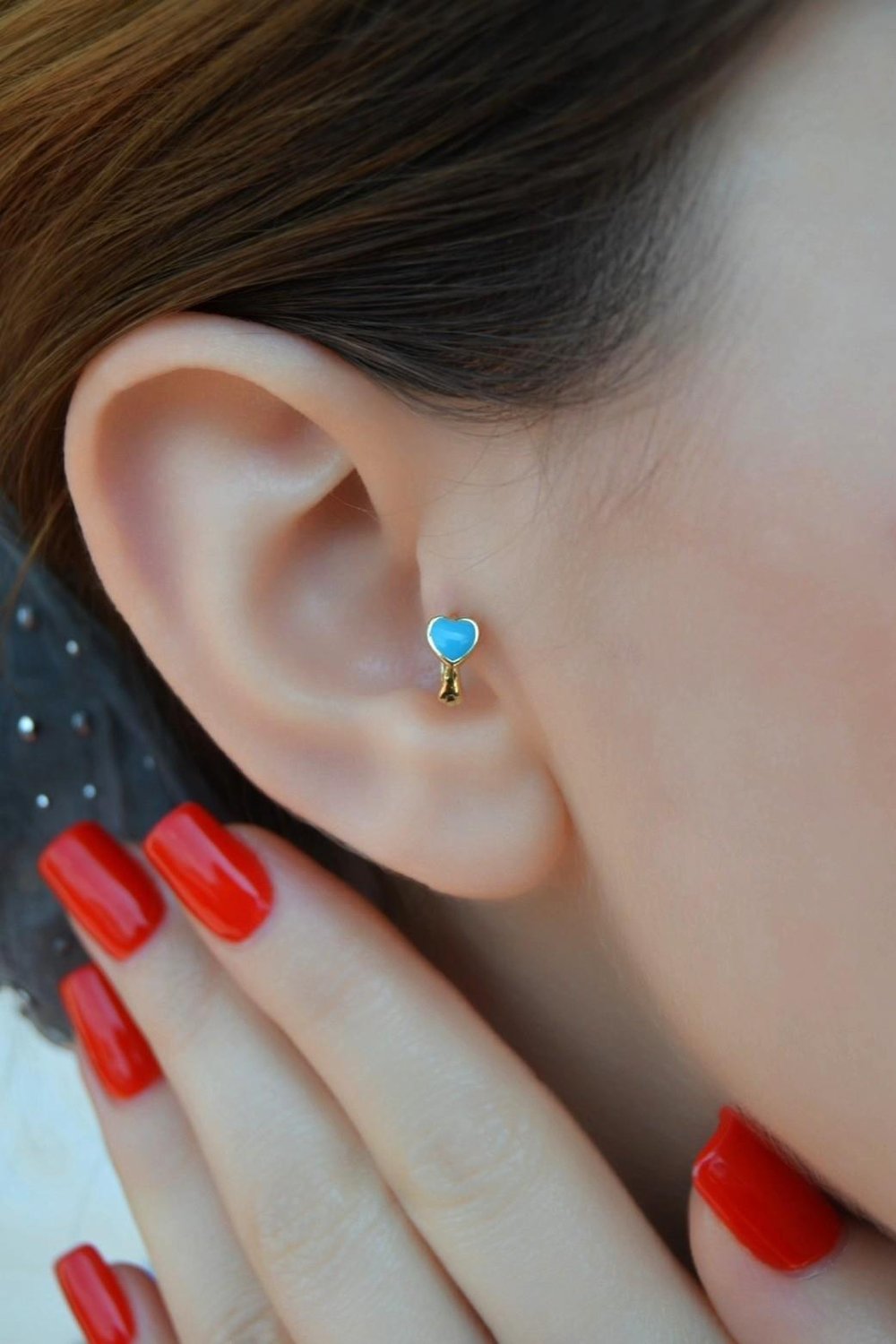 Mavi Kalpli Halka Tragus Piercing Helix Kıkırdak Küpesi