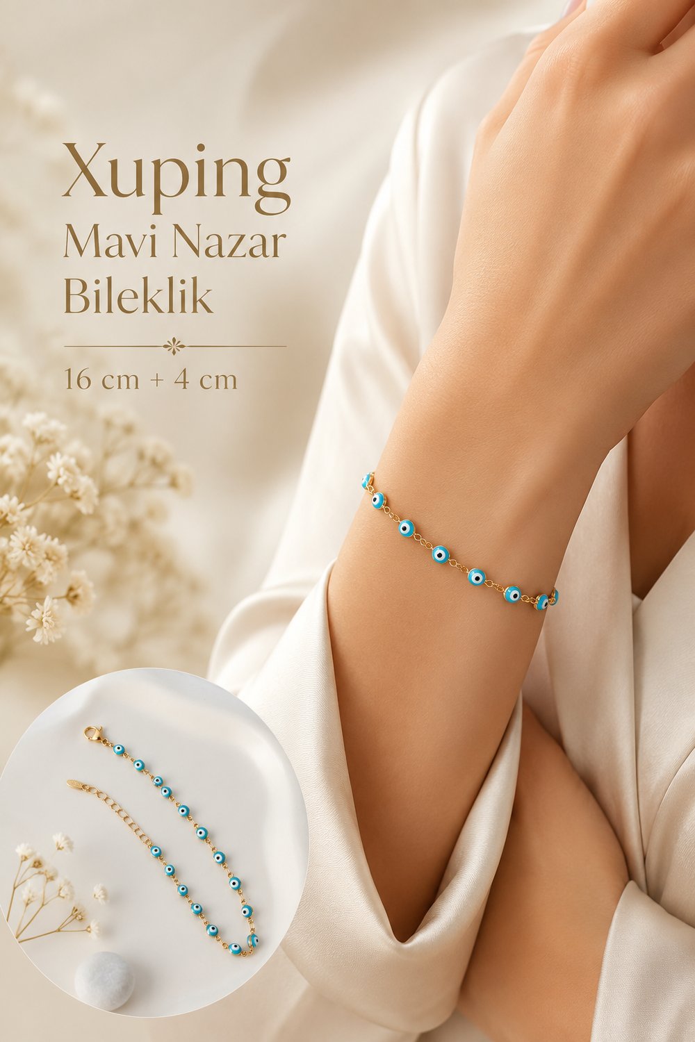 Mineli Mavi Nazar Boncuklu Kadın Bileklik 16 cm + 3 cm