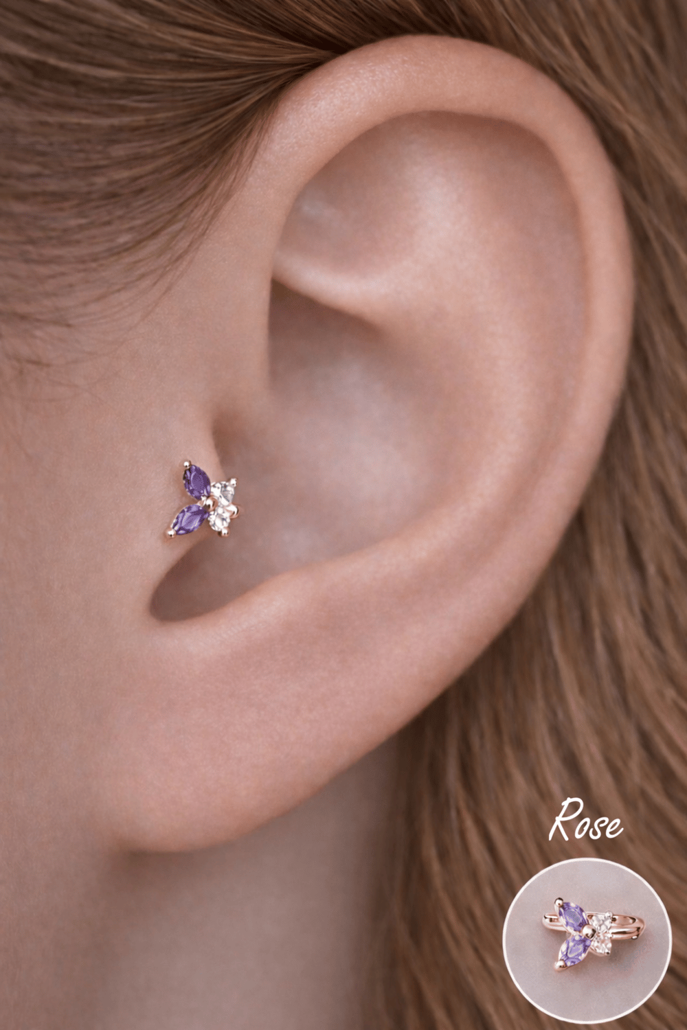 Minik Mor Kanatlı Kelebek Piercing | Rose Renk Zirkon Taşlı