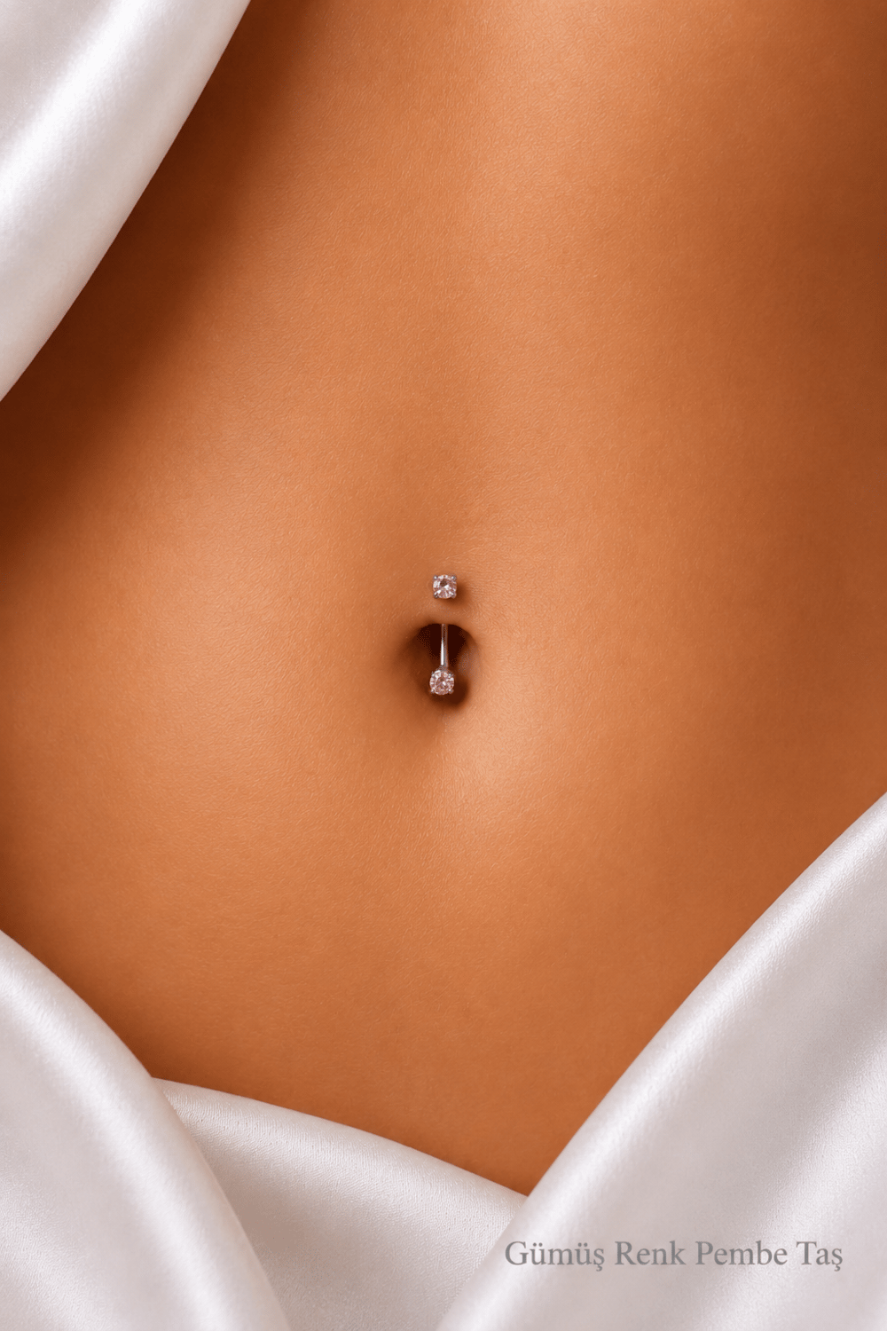 Minimal Çelik İki Ucu Pembe Taşlı Göbek Piercingi Gümüş Renkli