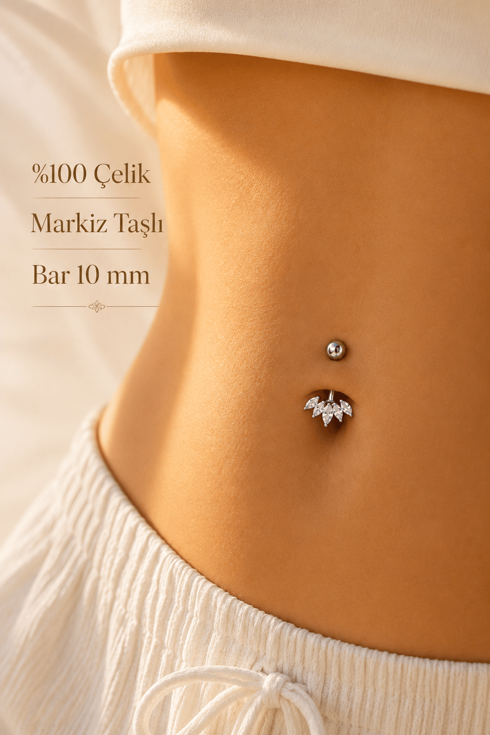 Minimal Markiz Taşlı Göbek Piercingi %100 Çelik 10 mm Bar Gümüş Renk