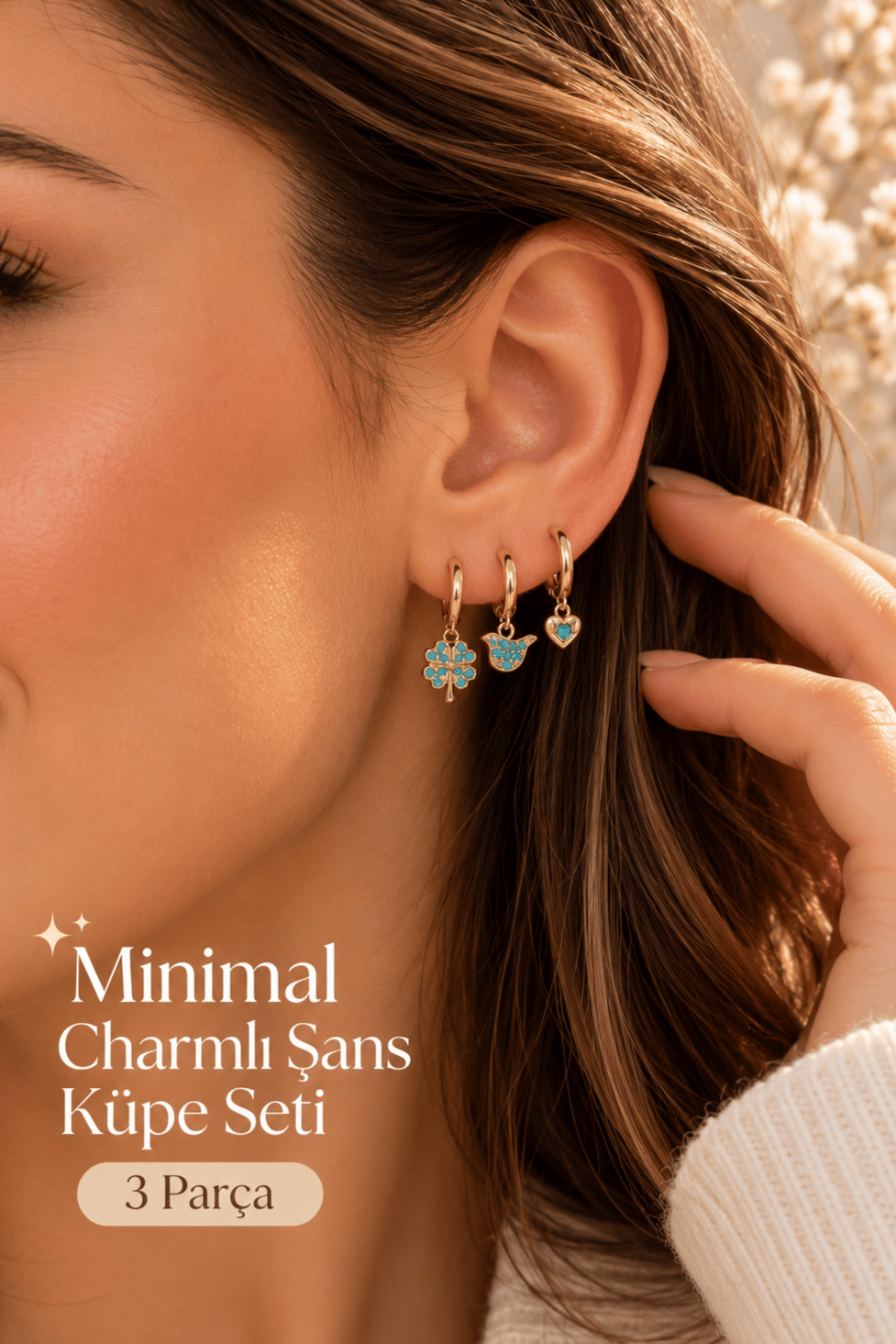 Minimal Şans Charm 3'lü Halka Küpe Seti – Turkuaz Taşlı Yonca, Kuş ve Kalp