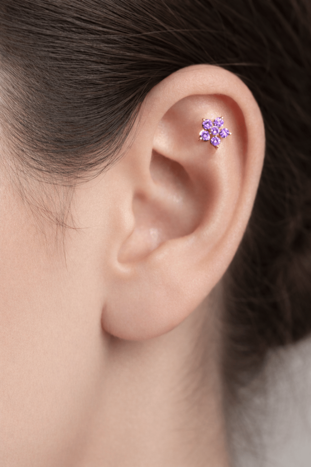 Mor Çiçekli Helix Piercing Kıkırdak Lob Gold Renk