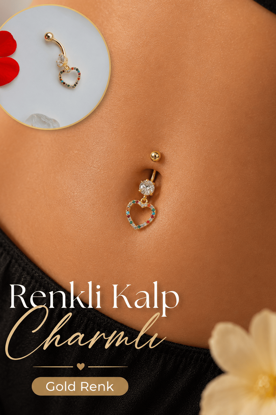 Multicolor Çok Renkli Kalp Sallantılı Çelik Göbek Piercingi Gold Renk