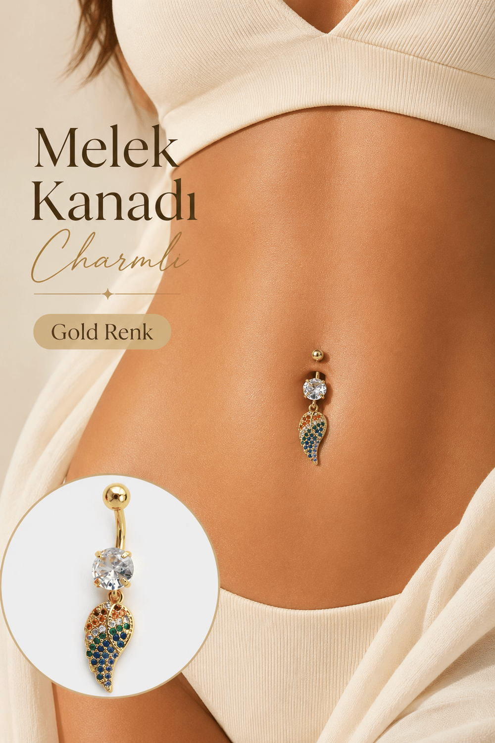 Multicolor Çok Renkli Melek Kanadı Sallantılı Çelik Göbek Piercingi Gold Renk