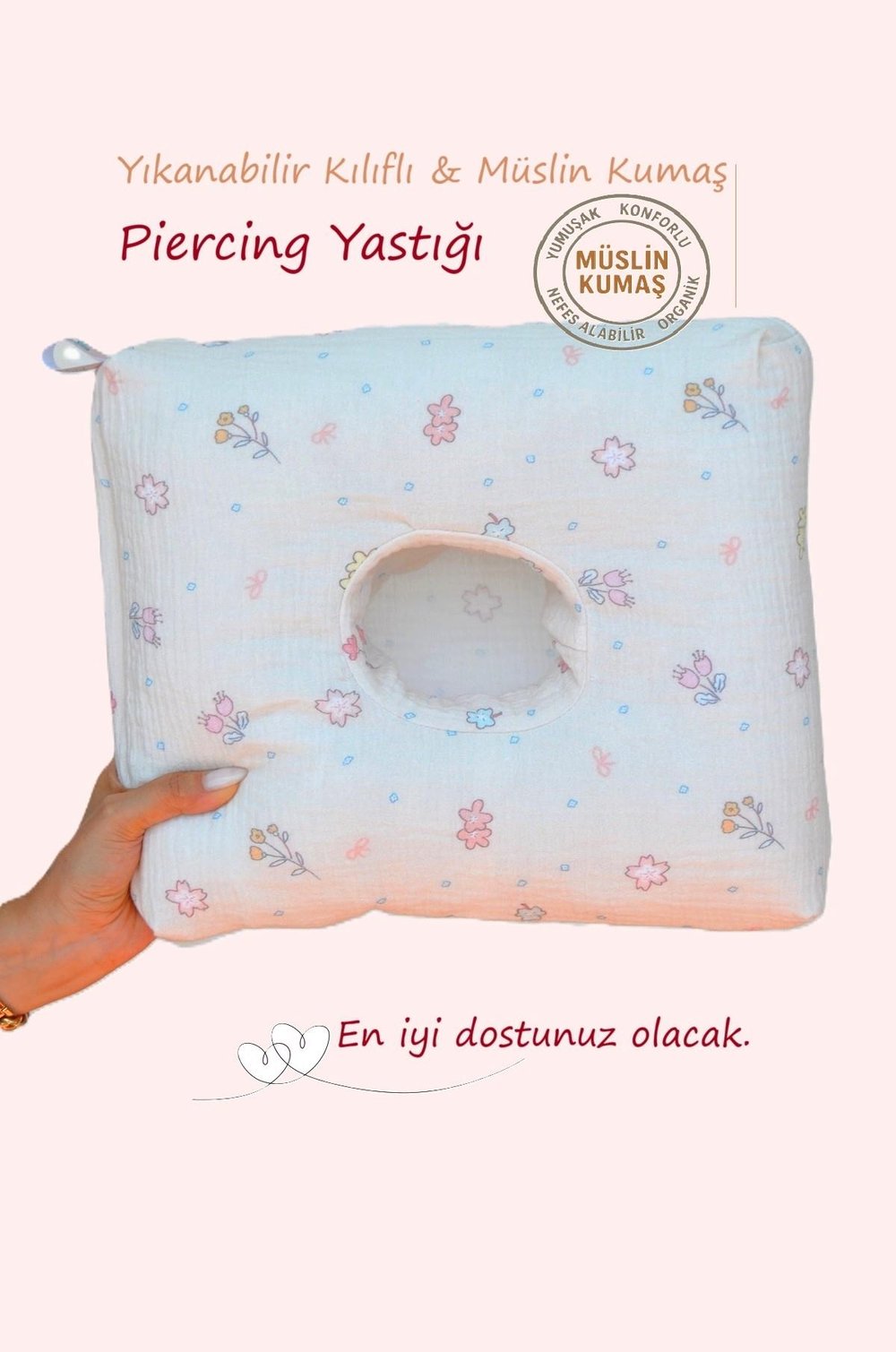 Piercing Yastığı – Yıkanabilir Kılıflı Çiçekli Müslin – Kulak Delme Sonrası Özel Uyku Yastığı