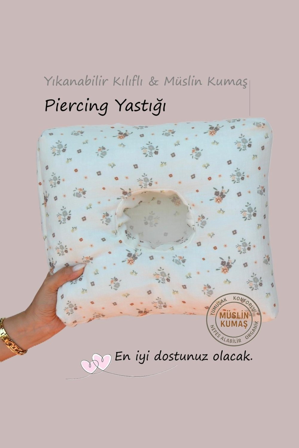 Piercing Yastığı – Yıkanabilir Kılıflı Kahve Çiçekli Müslin – Kulak Delme Sonrası Özel Uyku Yastığı