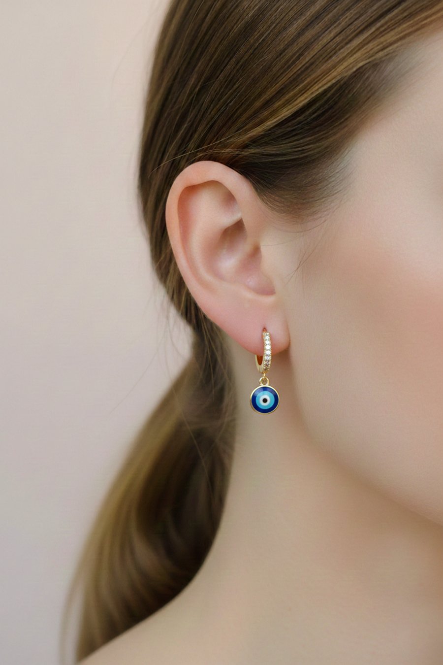 Rose Gold Zirkon Taşlı Nazar Charm Halka Küpe