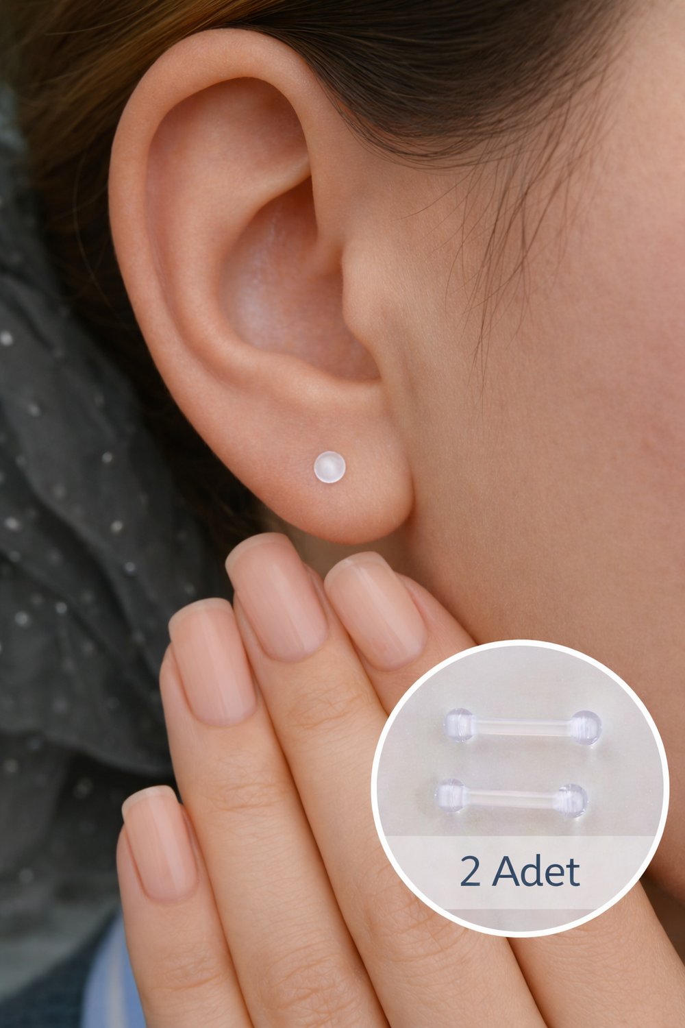 Şeffaf Silikon Çift Toplu Piercing – 8 mm Bar | Helix, Kıkırdak, Lob Uyumlu | 2 Adet
