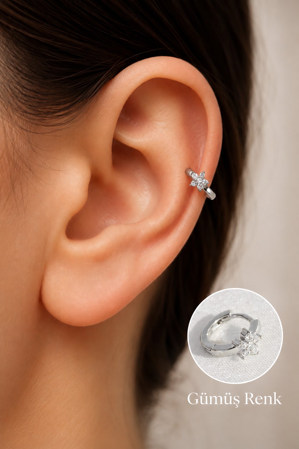 Zirkon Taşlı Çiçek Helix Piercing Tragus Çiçekli Kıkırdak Lob Küpesi Gümüş Renk Tek Adet