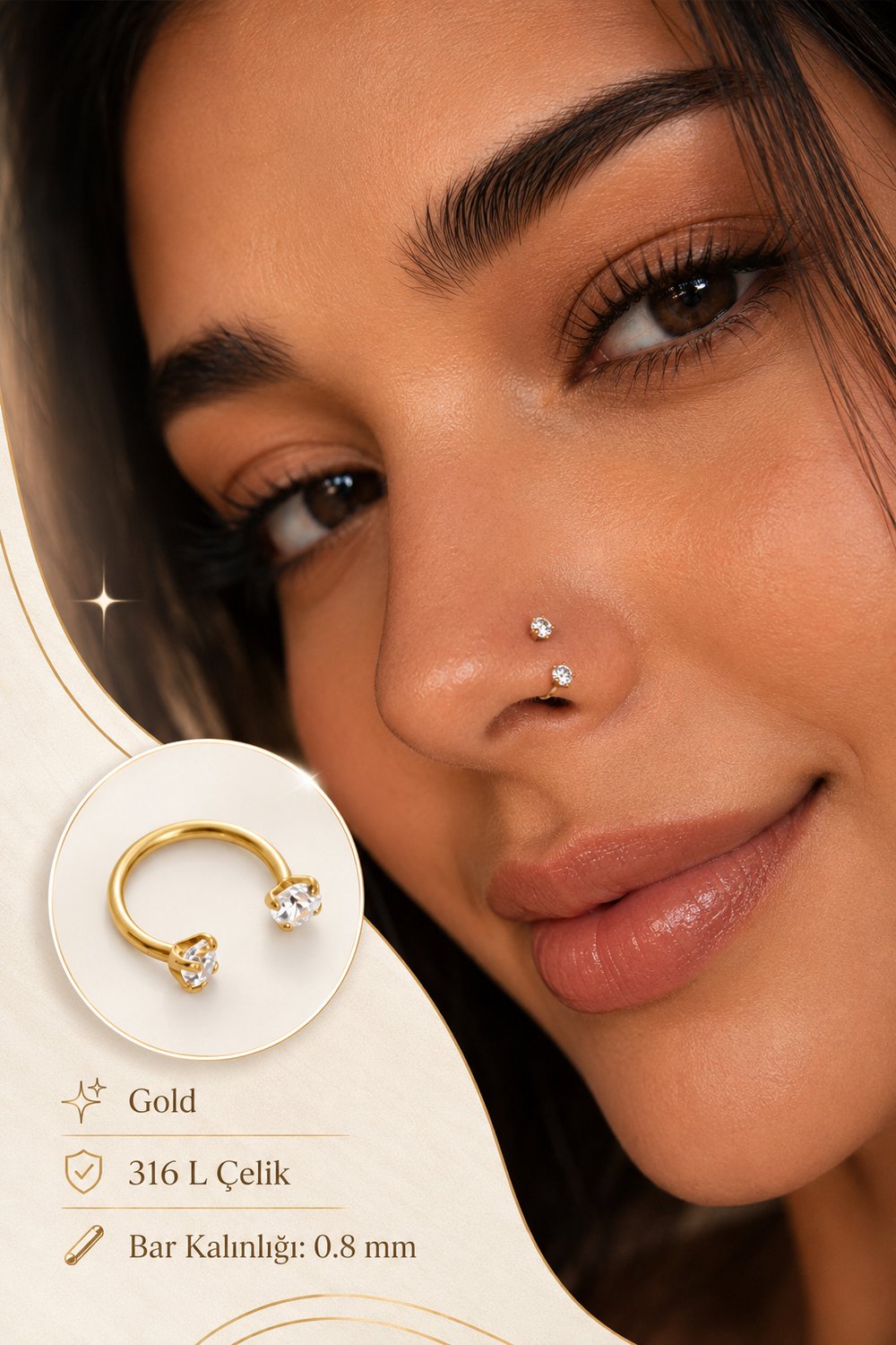 Zirkon Taşlı Gold Yarım Halka Burun Piercingi 316L Çelik 0.8 mm
