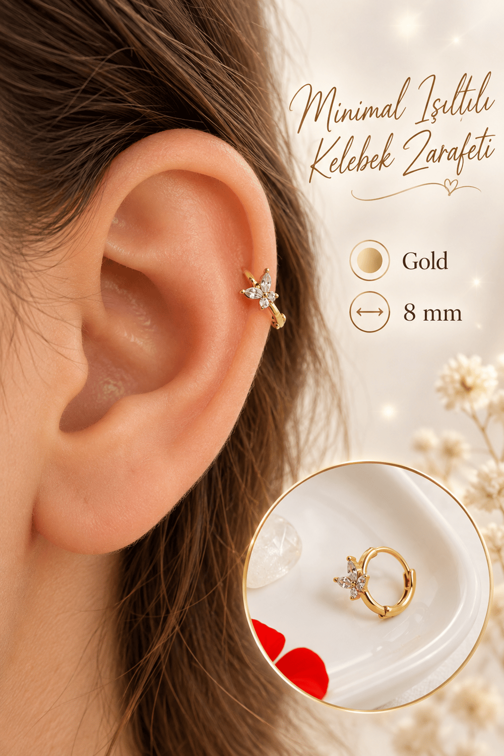 Zirkon Taşlı Minimal Kelebek Halka Piercing 8 mm – Helix Tragus Lob Burun