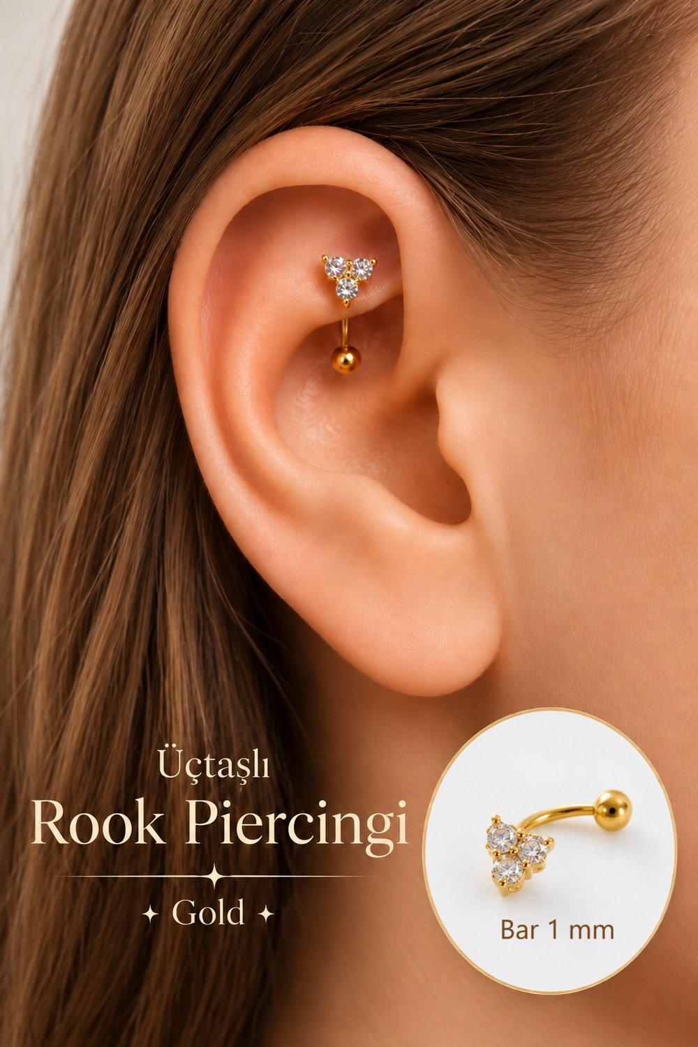 Zirkon Taşlı Üçtaşlı Rook Piercing Çelik Bar 1 mm