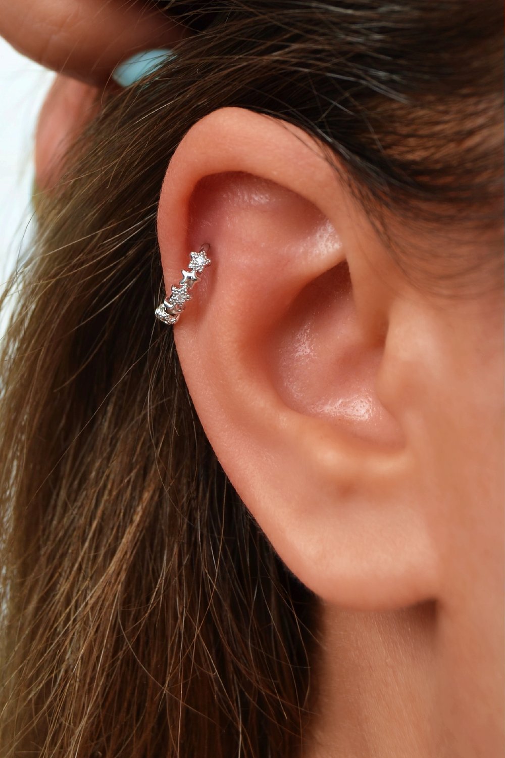 Zirkon Taşlı Yıldızlı Halka Piercing | Gümüş Renk | Helix ve Kıkırdak Uyumlu