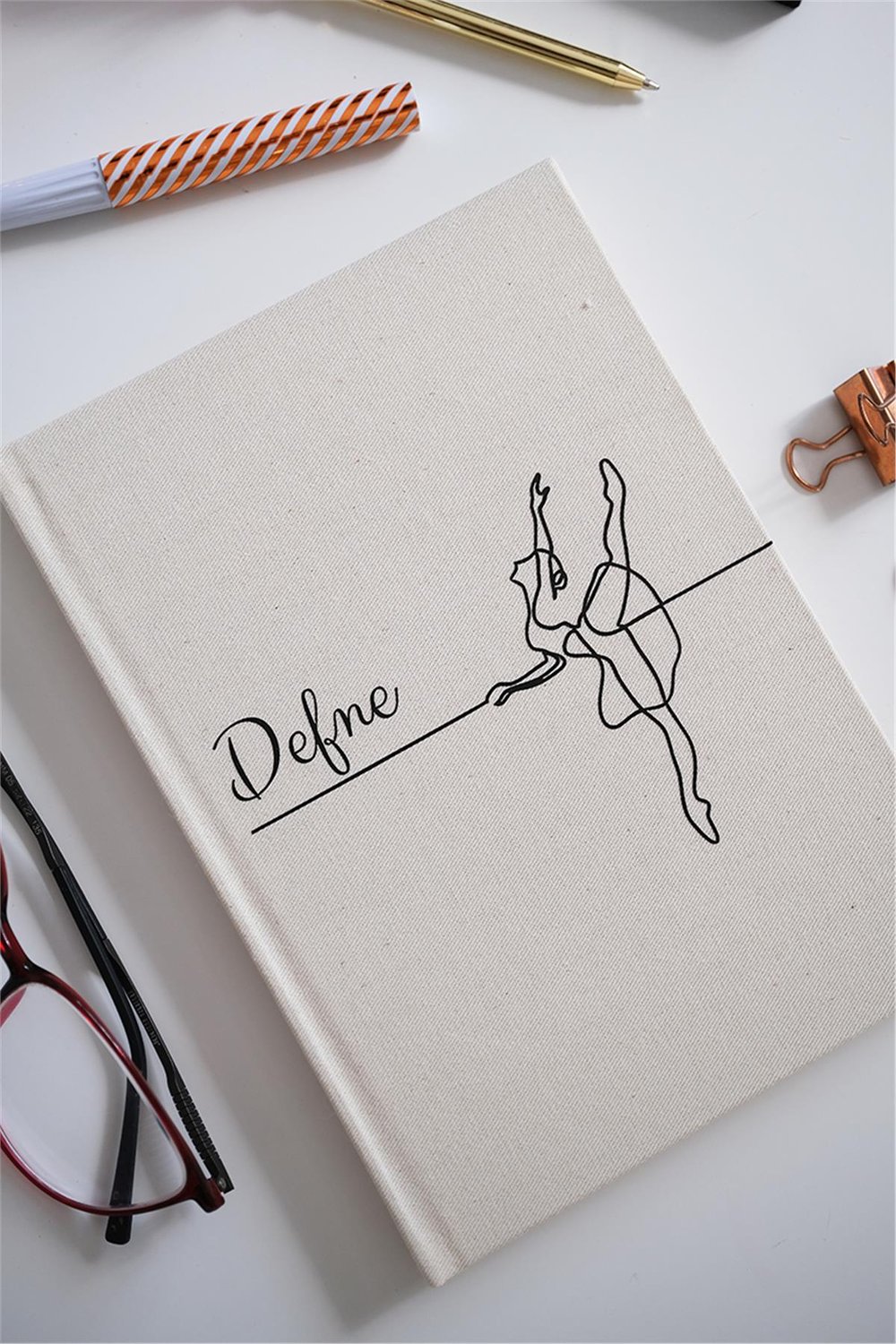 Kişiye Özel Balerin Desenli Kanvas Defter Ham Renk
