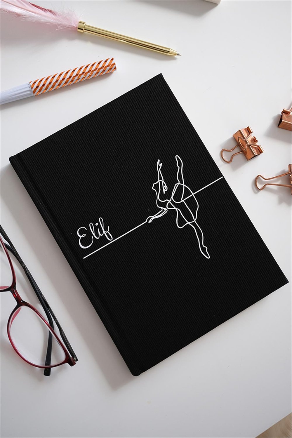 Kişiye Özel Balerin Desenli Kanvas Defter Siyah Renk