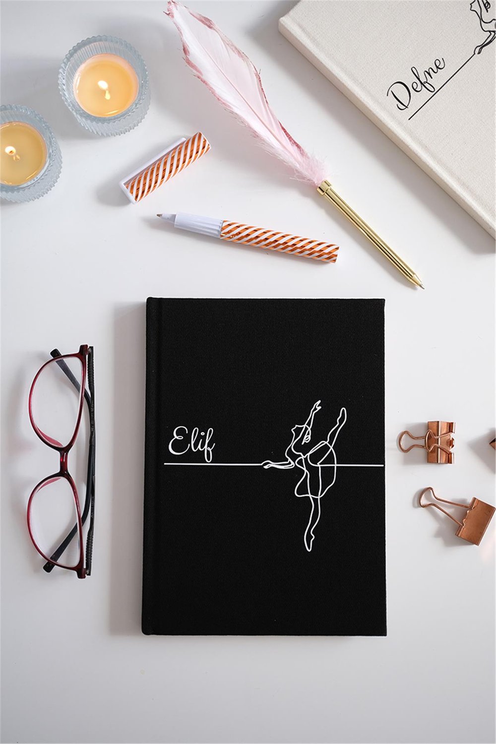 Kişiye Özel Balerin Desenli Kanvas Defter Siyah Renk