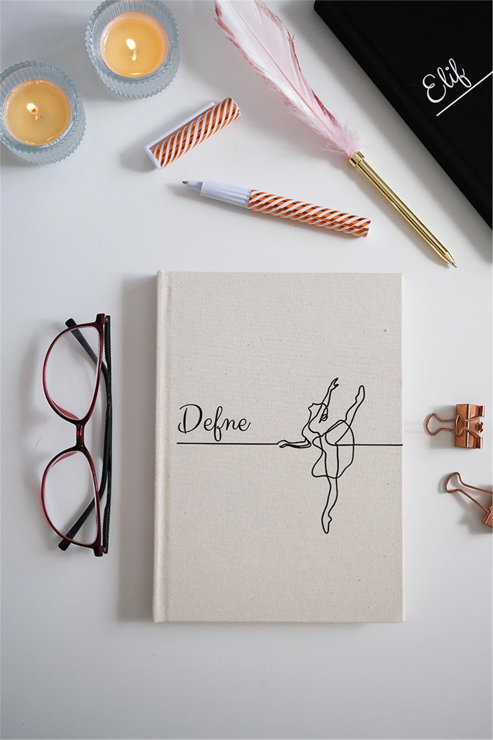 Kişiye Özel Balerin Desenli Kanvas Defter Ham Renk