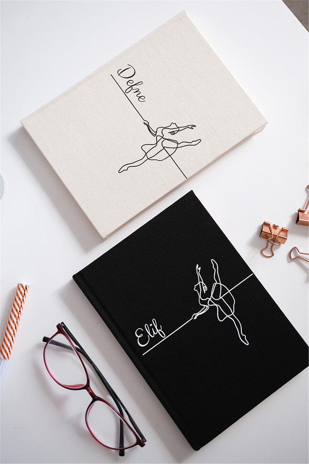 Kişiye Özel Balerin Desenli Kanvas Defter Ham Renk