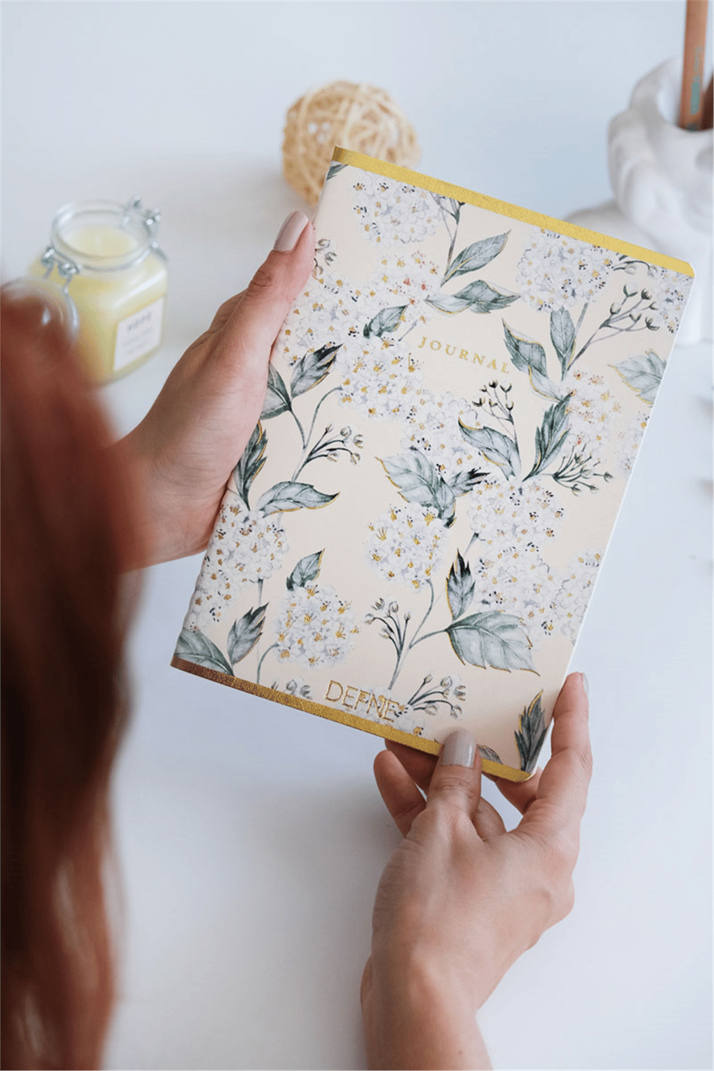 Kişiye Özel Beyaz Ortanca Çiçeği Desenli A5 Çizgili Defter
