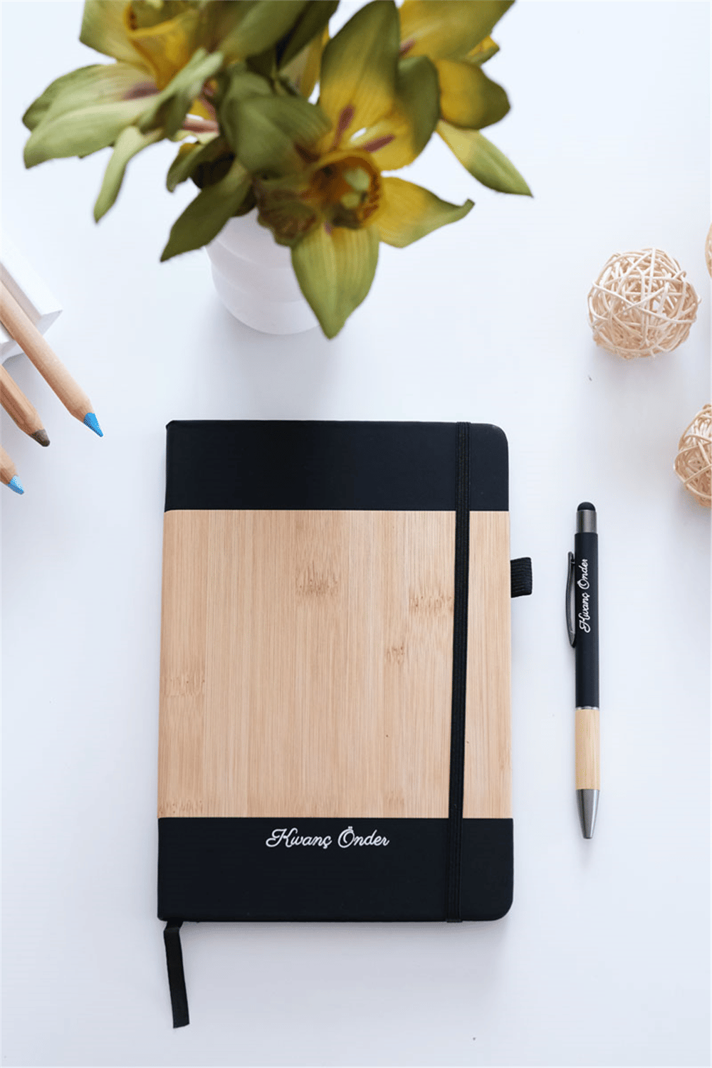 Kişiye Özel Siyah Bambu Kapaklı Defter ve Kalem, Kutulu Hediye Seti