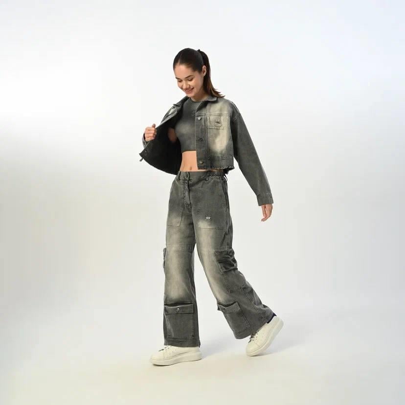 Kız Çocuk Cep Detaylı Füme Jean Pantolon