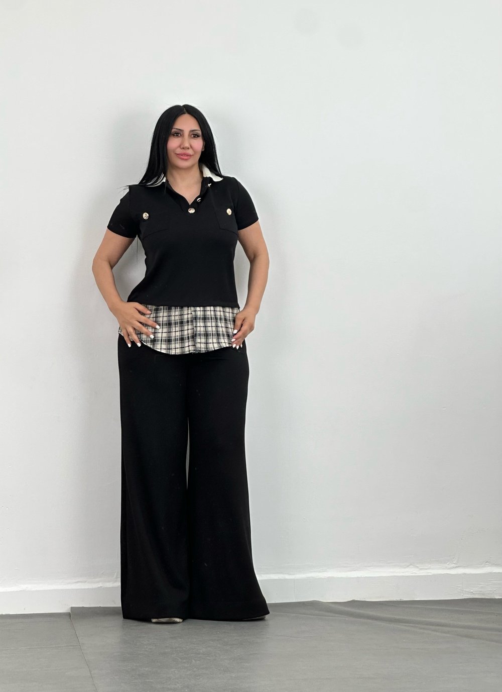 Gömlek Detaylı Polo Yaka Bluz & Bol Paça Pantolon Takım