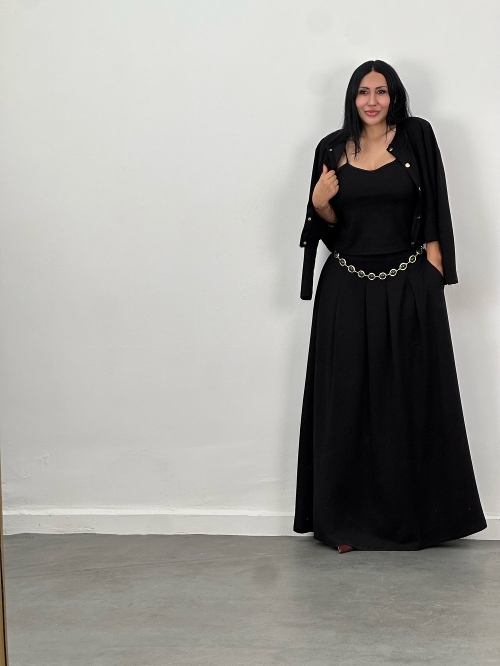Hırka, Bluz & Pileli Maxi Etek 3lü Takım