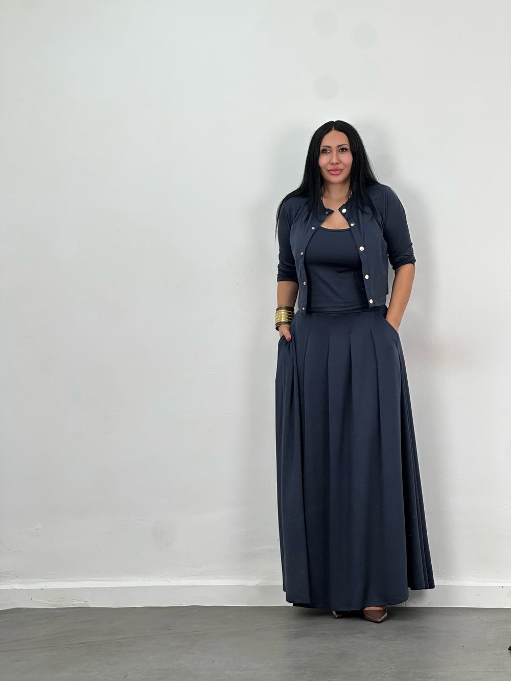 Hırka, Bluz & Pileli Maxi Etek 3lü Takım