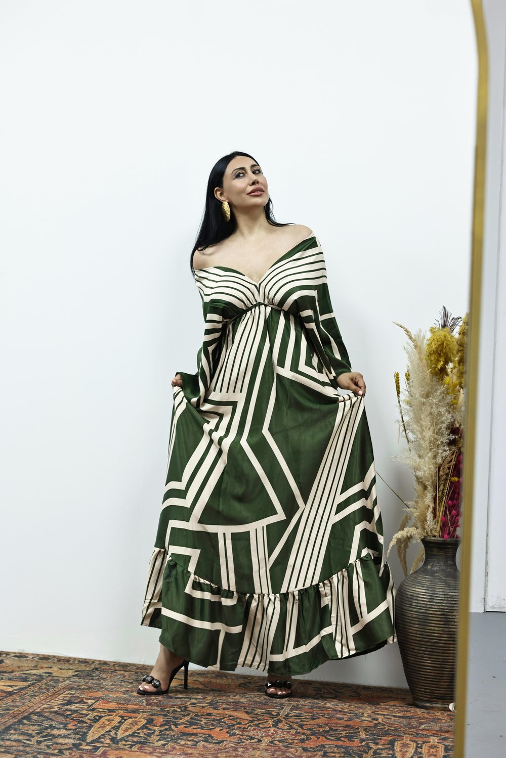 Geometrik Desenli Tok Saten Maxi Elbise