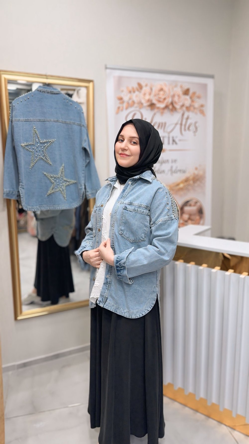 Yıldız Desenli İthal Kot Ceket