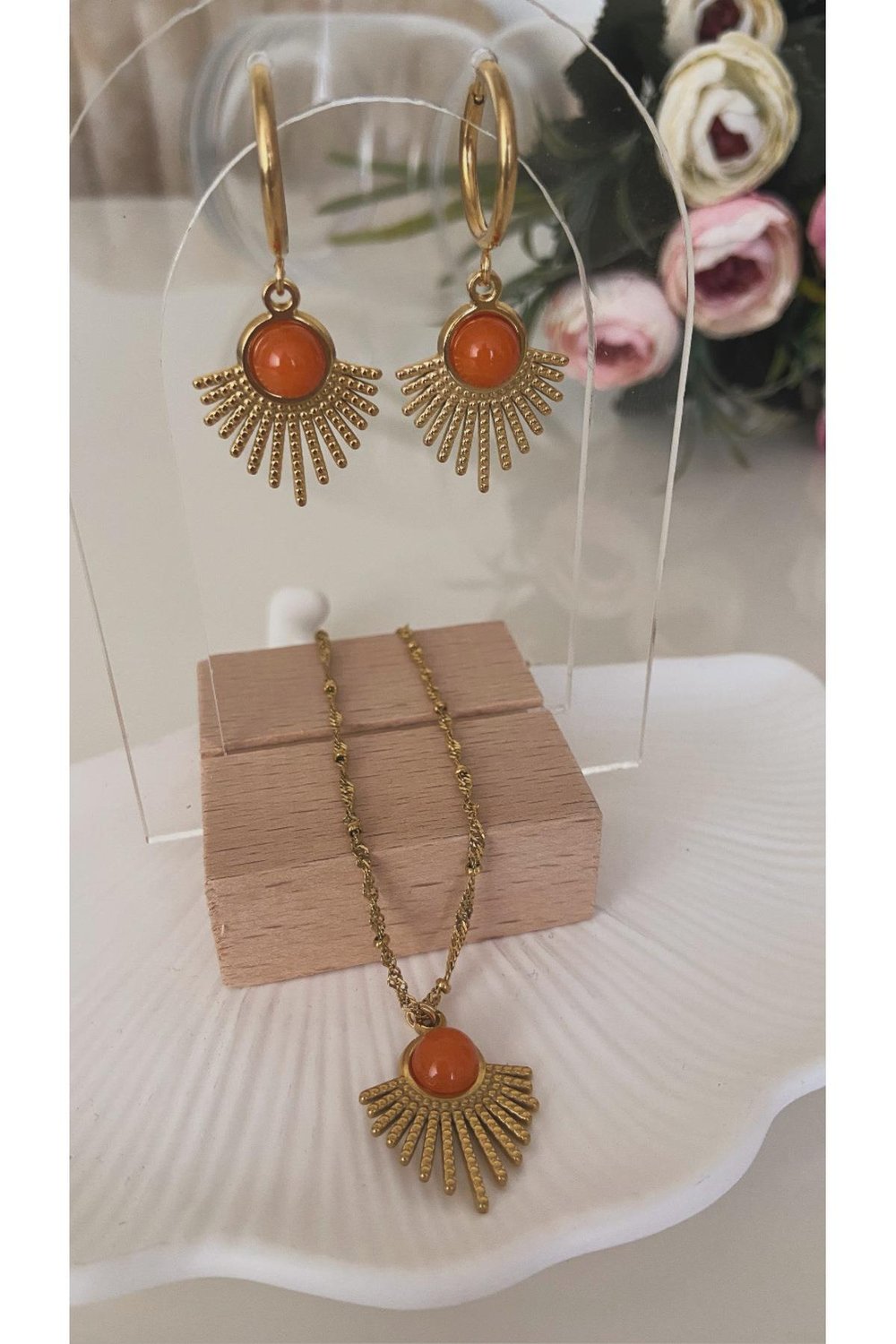 ( 3 PARÇA ÇELİK SET - KÜPE ve KOLYE ) ÇELİK VİNTAGE TASARIM Turuncu Gerçek AKİK TAŞI Kolye & Küpe