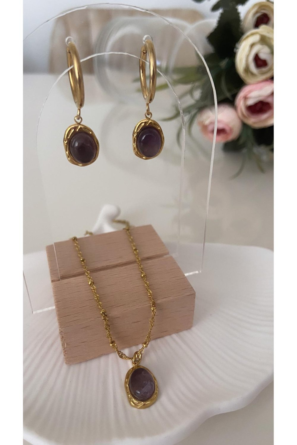 ( 3 PARÇA ÇELİK SET - KÜPE ve KOLYE ) ÇELİK VİNTAGE TASARIM Mor Gerçek AMETİST TAŞI Kolye & Küpe