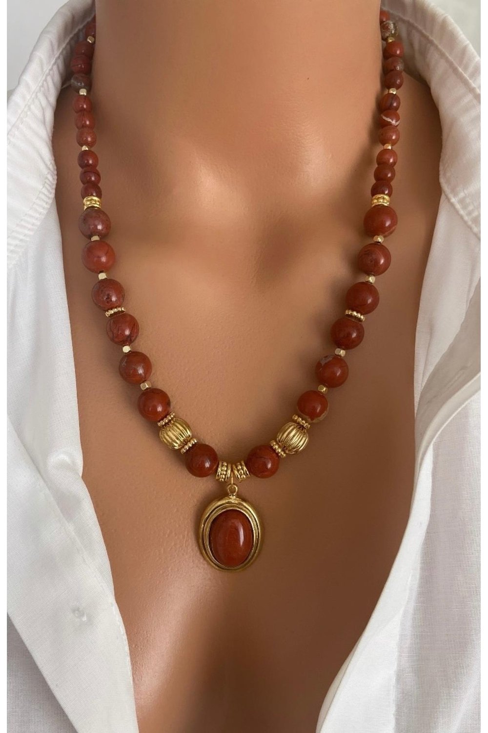 ALTIN KAPLAMALI Gerçek DOĞAL TAŞ Red Jasper Kahve 6-10 mm Taş Uç Özel Tasarım Kadın Kolye