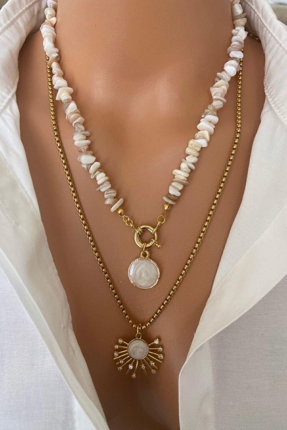 (İKİ KOLYE) Doğal Taş Taşı Kırık Beyaz Krem ÇELİK Zincir Zirkon Taşlı Güneş Uç Kadın Kolye