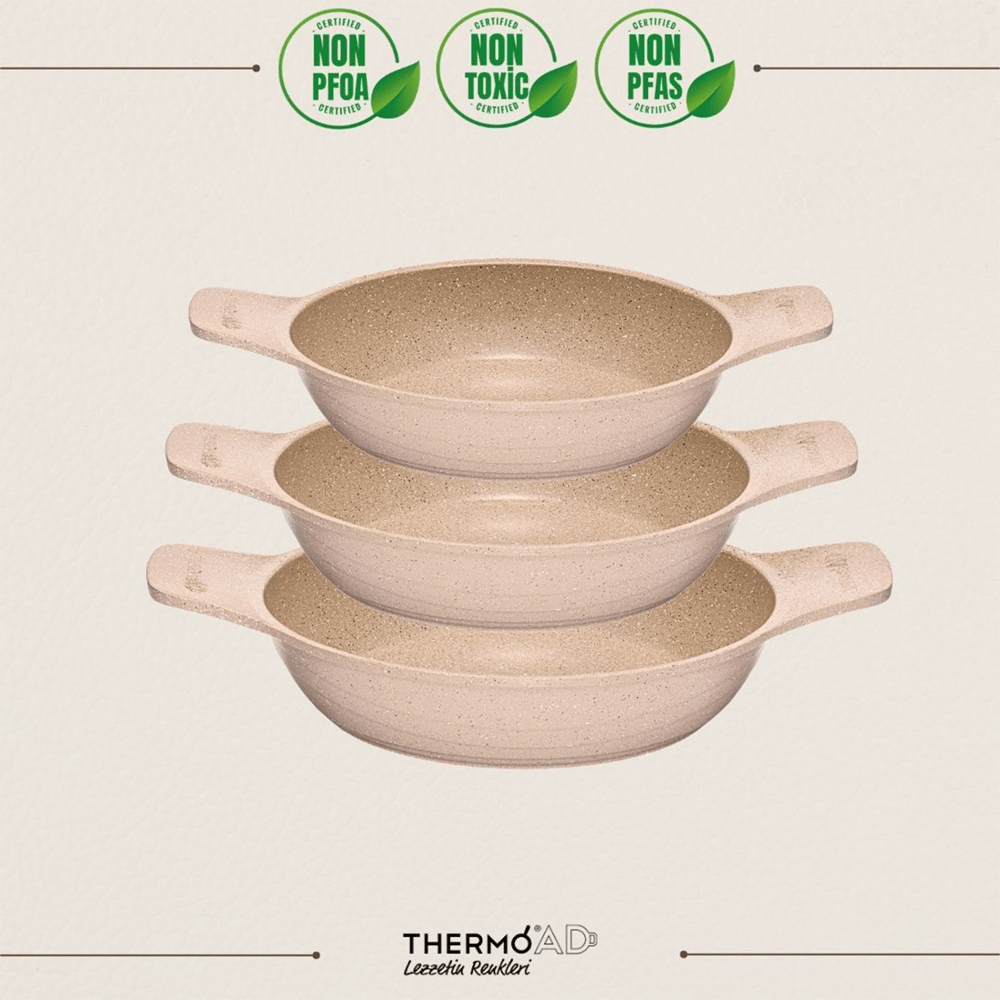 ThermoadThermoAD | Güveç Sahan Set | Döküm Kendinden Saplı | 3 Parça | Vizon | 18cm-20cm-22cm