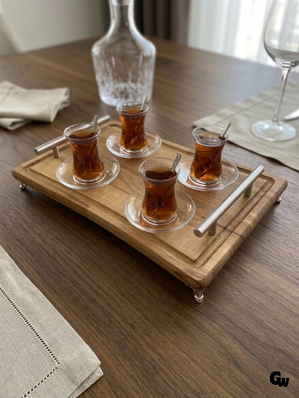 Doğal Ahşap Ayaklı Şık Tasarım Servis Tepsisi Paslanmaz Kulplu Ayaklı Tepsi(KAYIN)