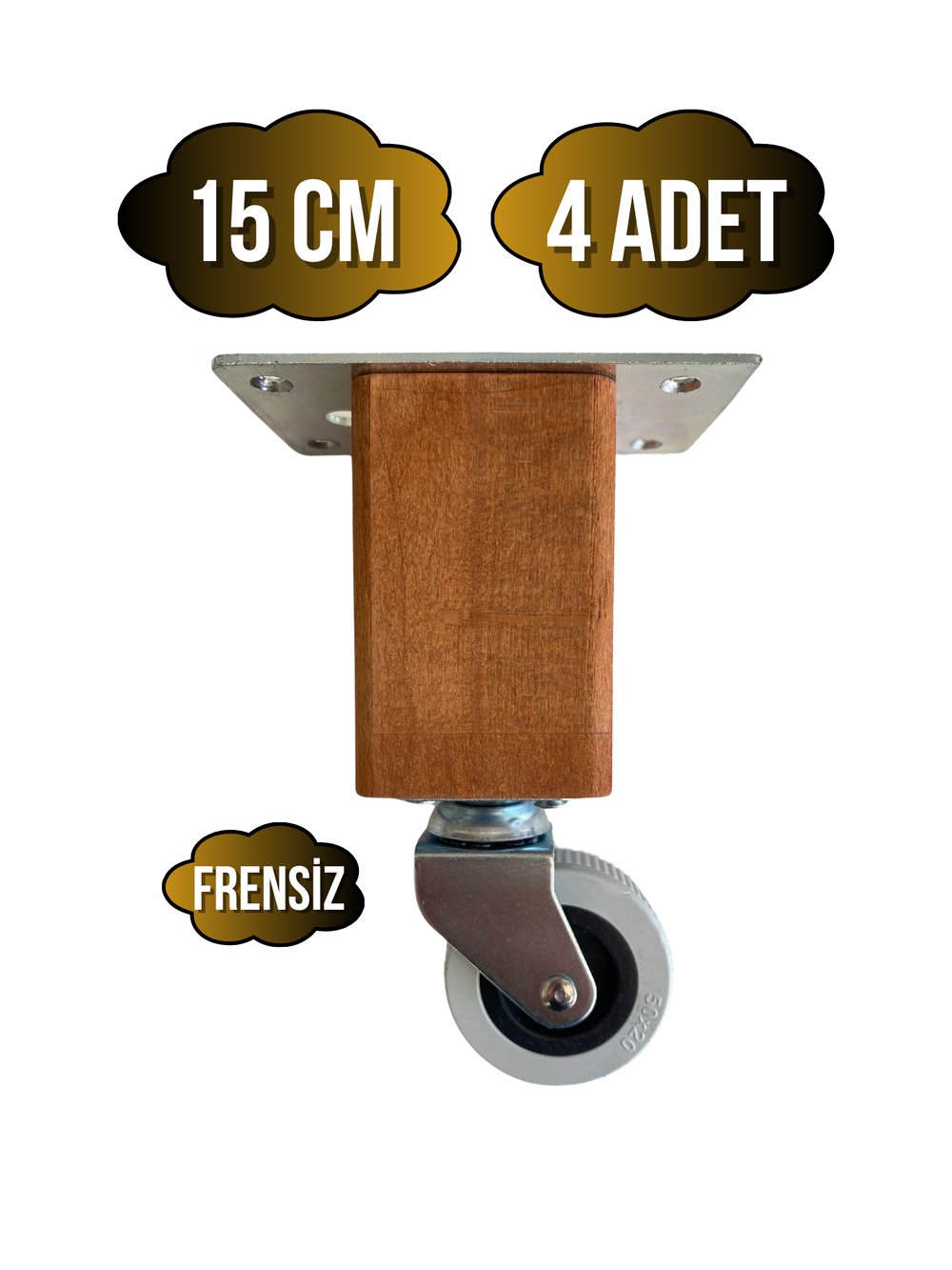 Kale Ahşap Tekerli Ayak Mobilya Masa ve Dolap Tekerli Ayağı(FRENSİZ)(12CM-15CM)(KAYIN/GÜRGEN AĞACI)