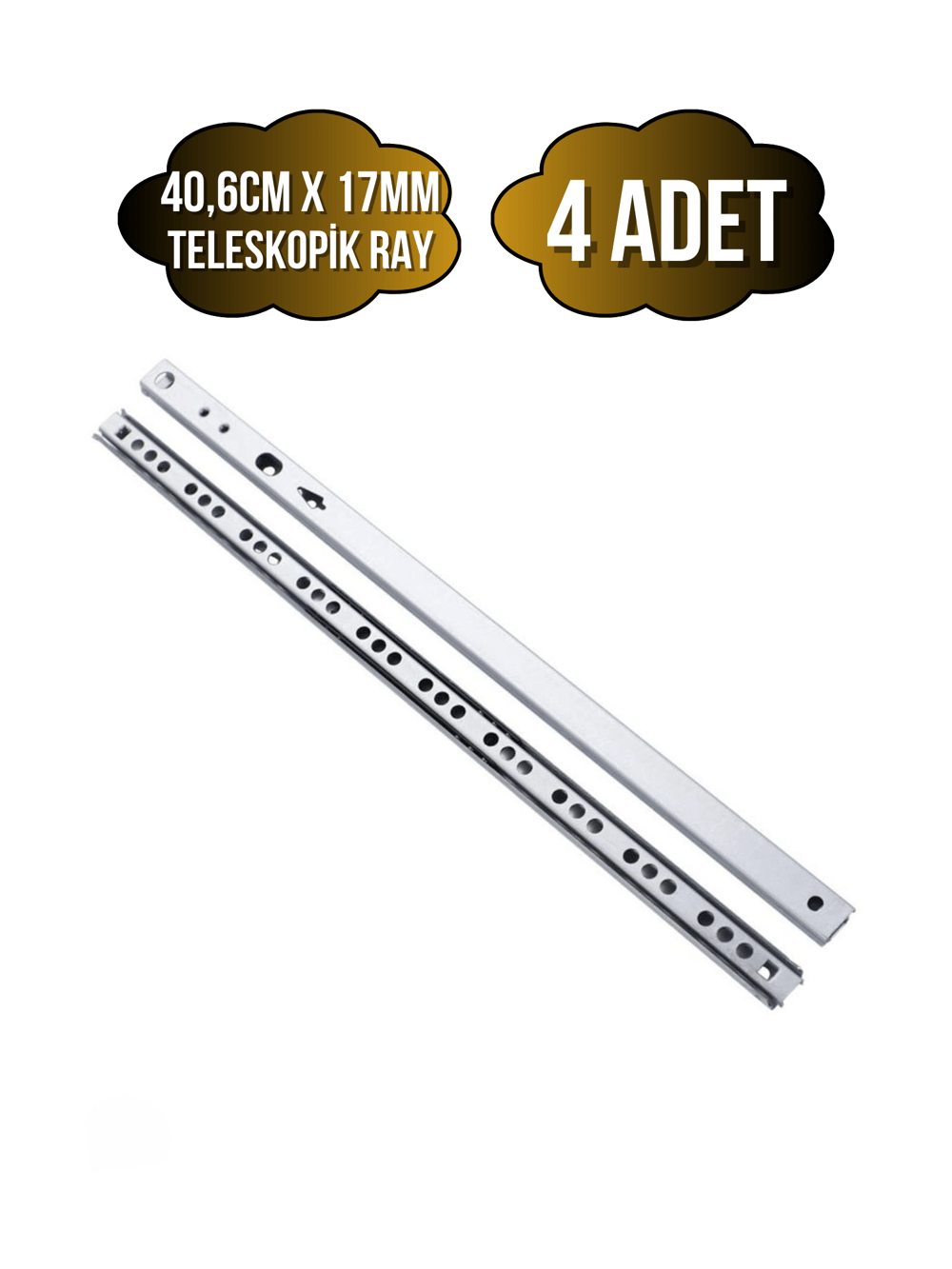 Teleskobik 17MM Çekmece Rayı Gömme Bilyeli İnce Ray(17MM)(TAKIM)(KROM)