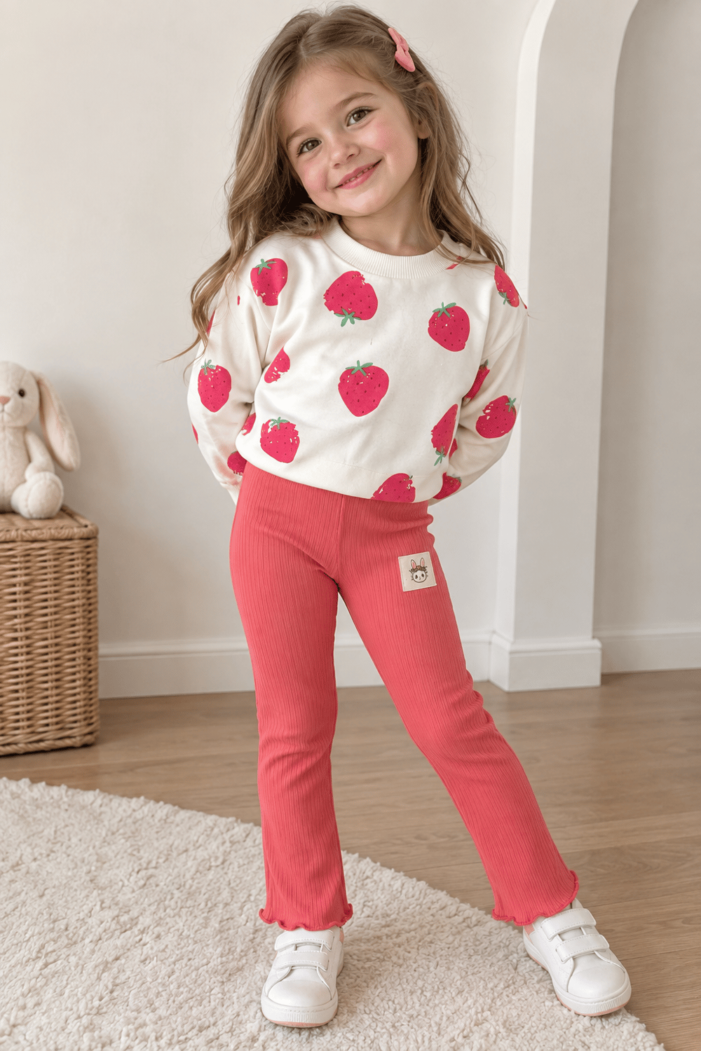 4-7 Yaş Çilekli Sweat & Pembe Fitilli Tayt Takım