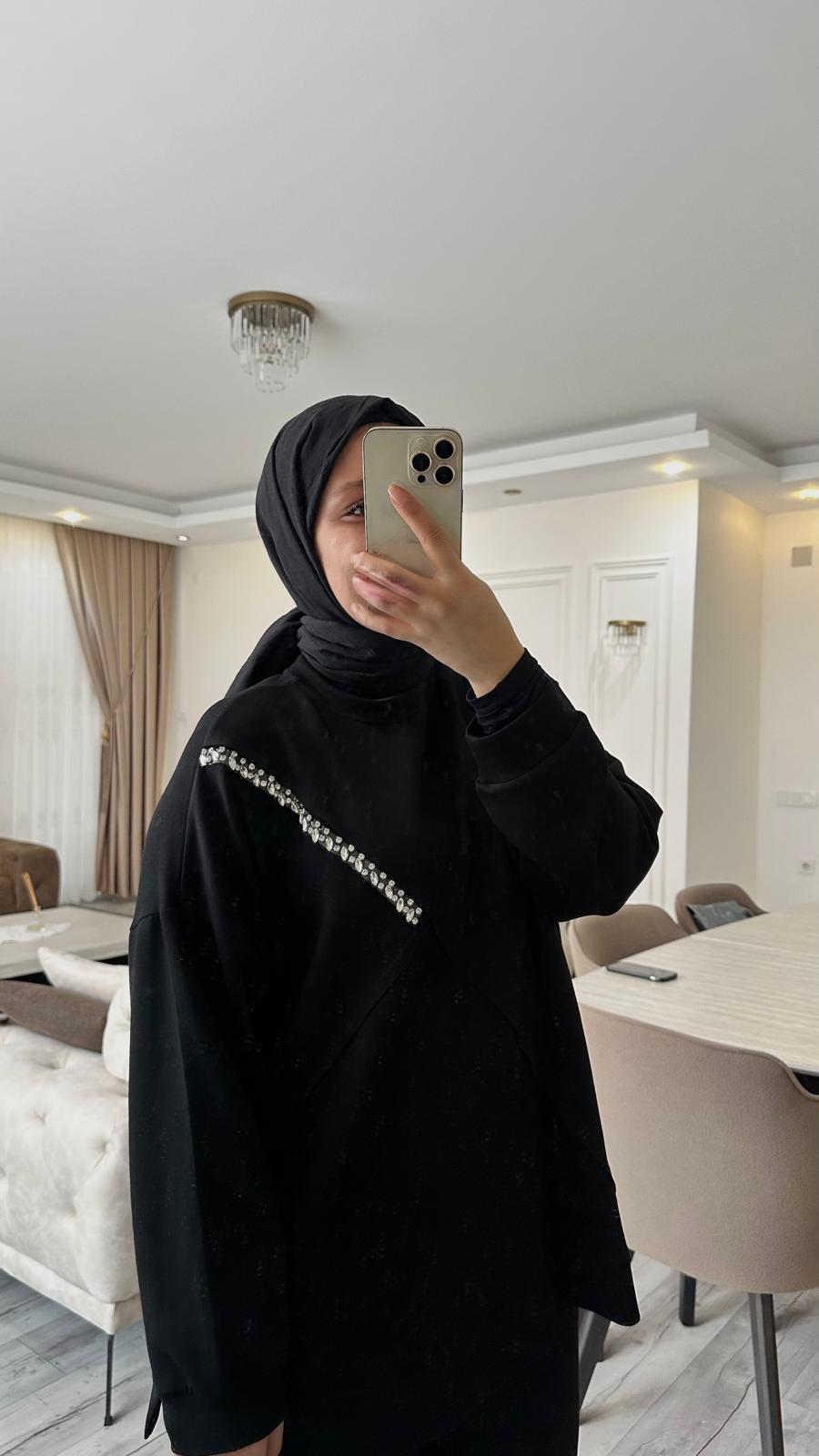 CAMELYA SİYAH KADIN TAŞ DETAYLI İKİLİ TAKIM