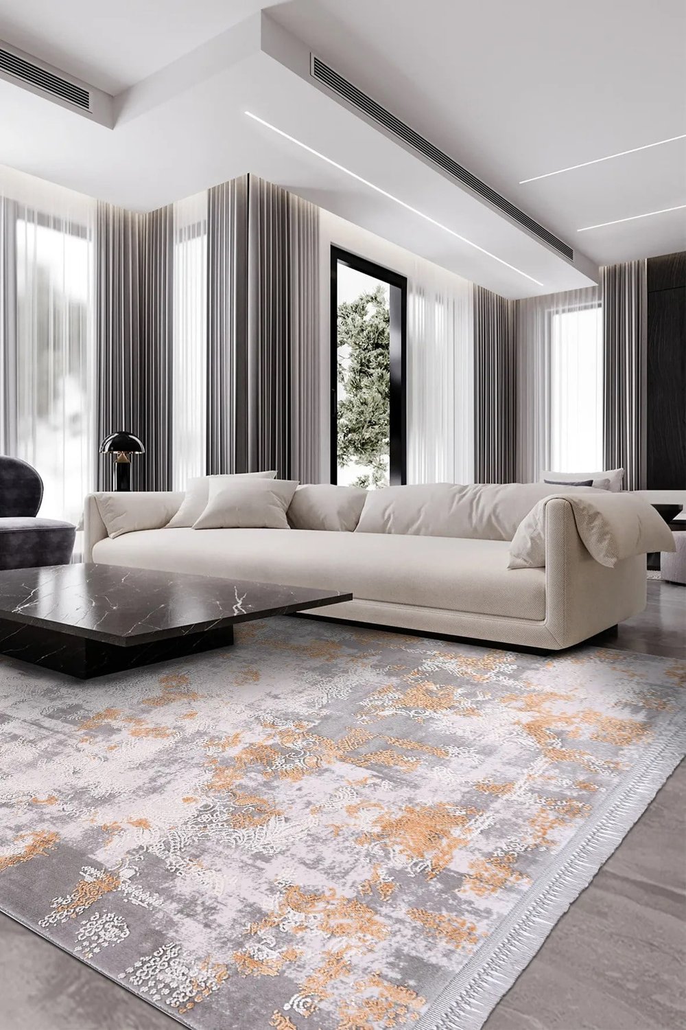BLOOM-Gri/Beyaz/Turuncu - Özel Ölçü-Salon,Oturma Odası ve Koridor Halısı-Robot Süpürgeye Uyumlu-Kolay Temizlenebilir-Uygun Fiyat