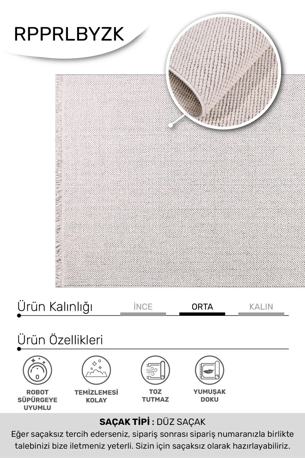 PARLA-Beyaz- Özel Ölçü- Oturma Odası, Koridor, Yatak Odası Halısı- Robot Süpürgeye Uyumlu-Kolay Temizlenebilir- Uygun Fiyat