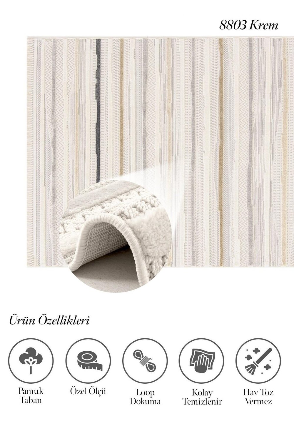 Boca J. 8003 Soft Geometrik Özel Ölçü Bukle Yumuşacık Salon Antre Mutfak Halı Yolluk