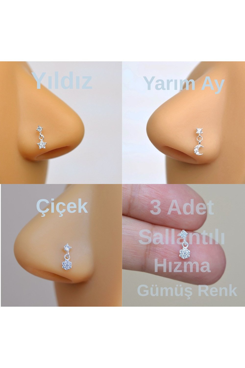 3 Adet 925 Ayar Gümüş Sallantılı Burun Hızma Seti – Yarım Ay, Yıldız, Çiçek sallantılı, 3’lü set