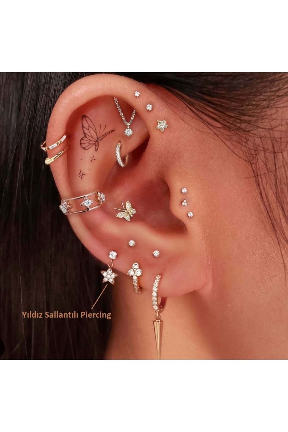 Cerrahi Çelik Yıldız Sallantılı Piercing Helix Kıkırdak Gold Renk