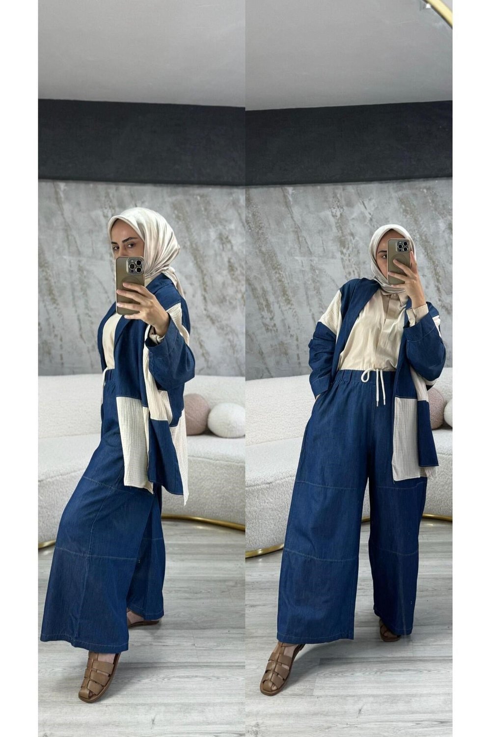 Blok Renkli Oversize Mevsimlik Ceket Denim