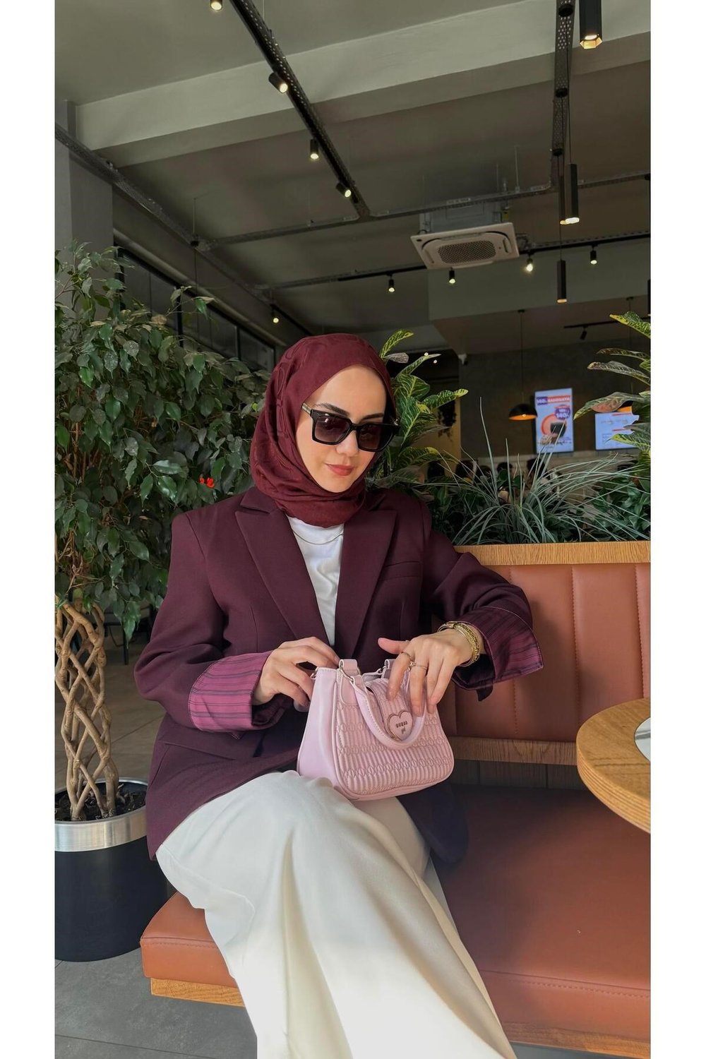 Çizgili Blazer Ceket Bordo